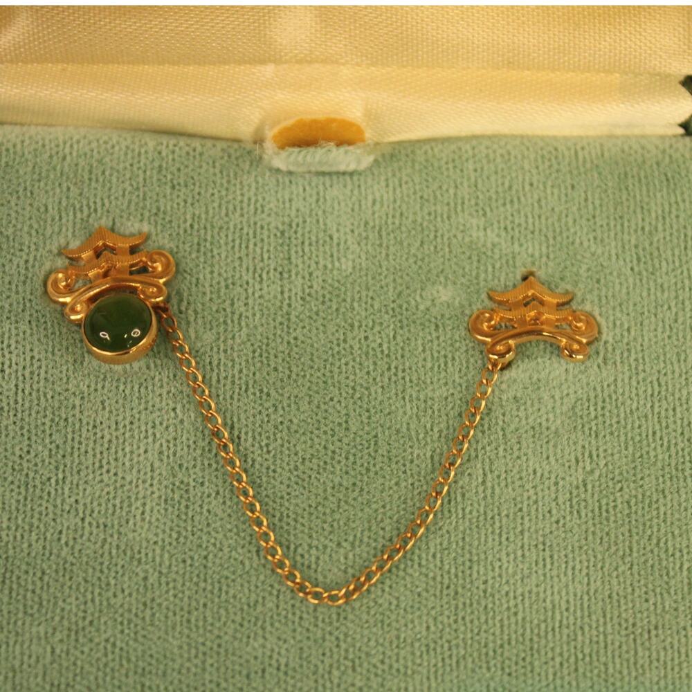 VTG Van Dell 12 kt Gold Filled Sweater/Scarf Tie Tack Brooch Duo W/ Chain